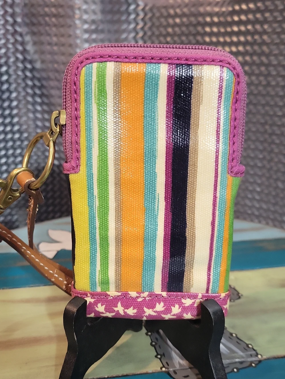 Fossil Birds Striped Wristlet Small CoinPurse Pocket Credit Cards